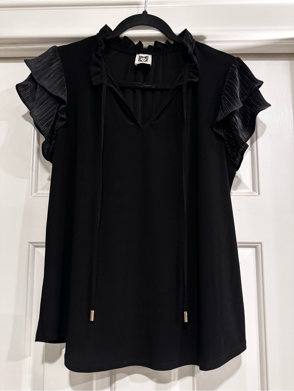 Anne Klein Black Ruffle Sleeve Tie-Neck Blouse